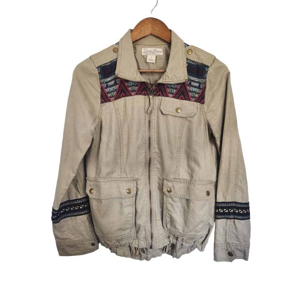 Lucky‎ Brand Live In Love Khaki Linen Western Boho Zip Pockets Jacket Size Small